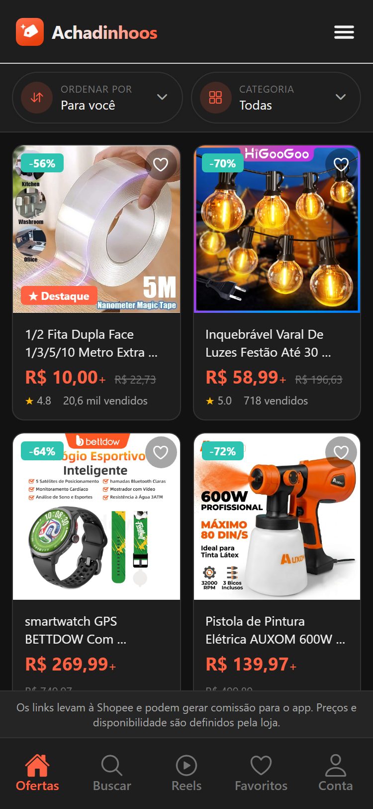 Tela de ofertas do aplicativo